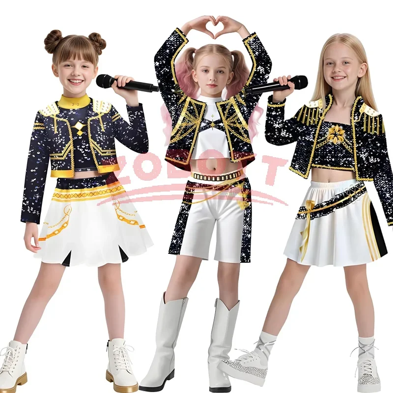 Disfraz de cazador de demonios Kpop para niños, conjunto de disfraz de Golden Huntrix Rumi Zoey Mira, ropa de escenario con estampado 3D para niñas, fiesta de Halloween