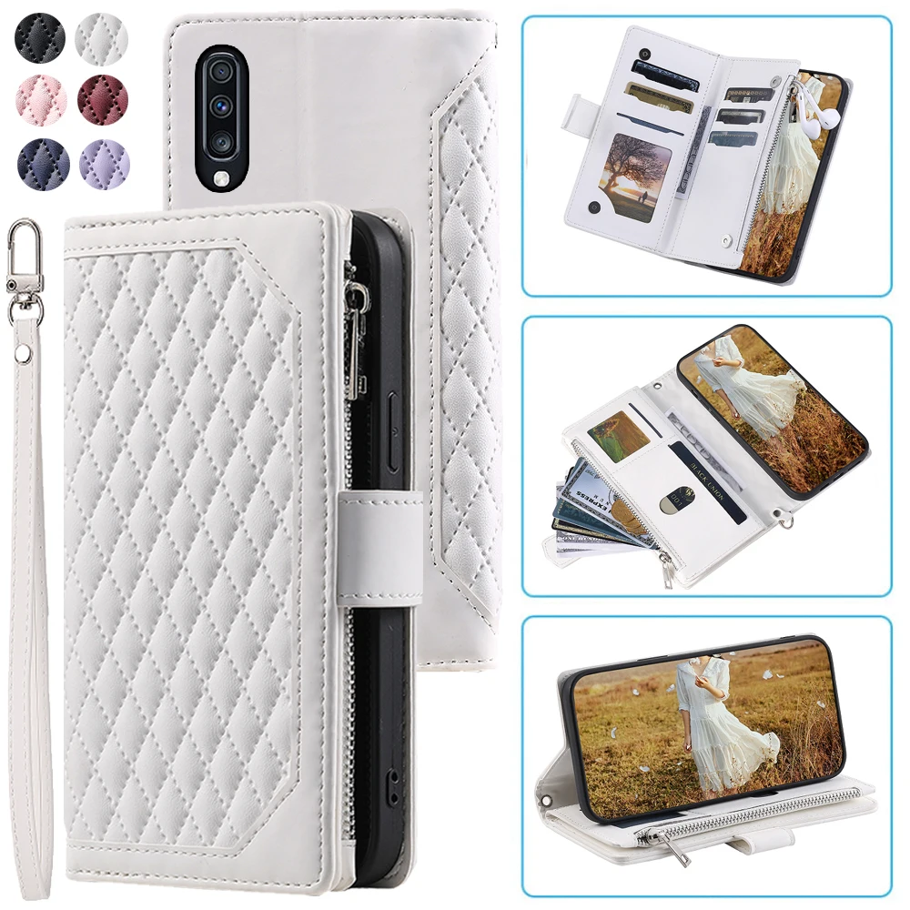 Fashion Zipper Wallet Case For Samsung Galaxy A70 Flip Cover Multi Card Slots Cover Phone Case Card Slot Folio with Wrist Strap