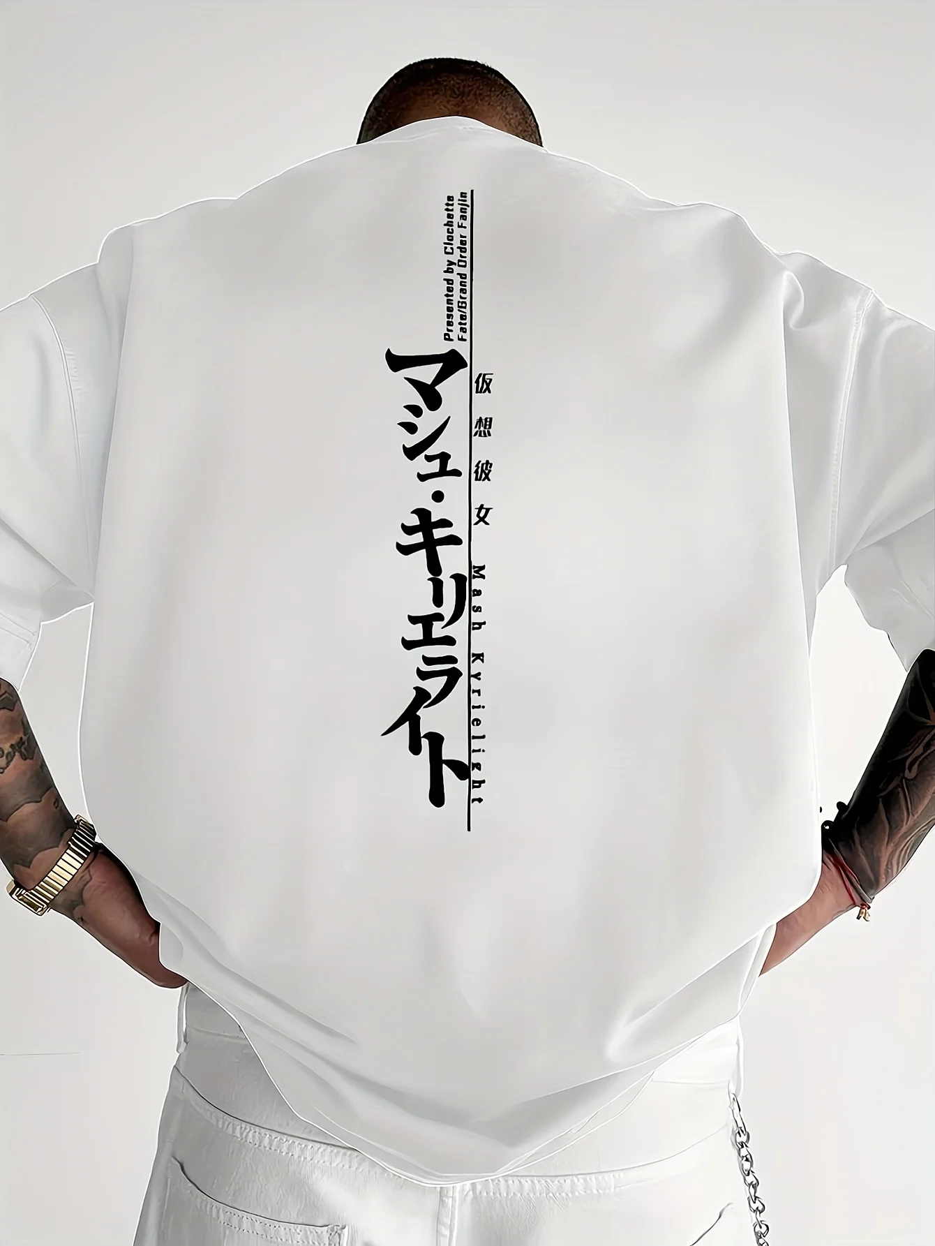 Men Casual Crew Neck T-Shirt with Japanese Calligraphy Print Polyester Fabric Loose Fit Short Sleeve Top for Spring and Summer