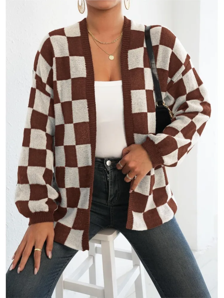 Vrouwen Mode Nieuwe Breien Vest Losse Trui Jas 2025, Herfst Winter Casual V-hals Plaid Print Patchwork Trui Bovenkleding