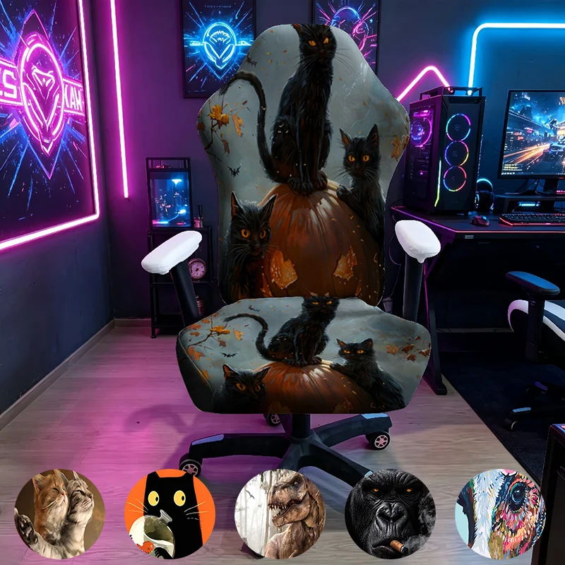 Housse de chaise de jeu élastique et lavable à imprimé animalier chat noir Halloween, pour e-sport