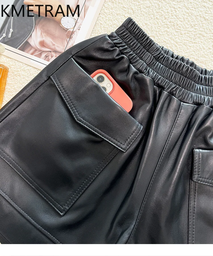 KMETRAM 여성용 100% 탑 레이어 양피 반바지 정품 가죽 미니 와이드 레그 쇼트 2025 가을 여성 의류 шорты женские