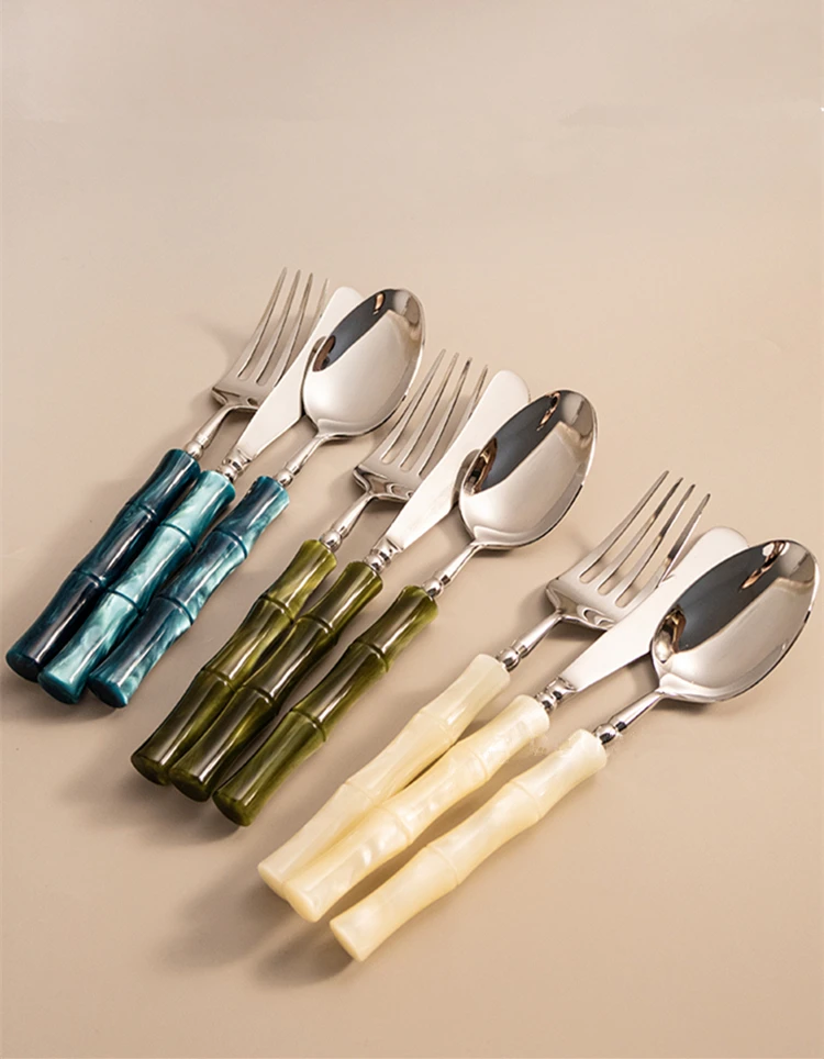 New Resin Cutlery Bamboo Style 18/10 stainless steel 304 Classical Flatware Dinnerware Set Silver Drop Shipping