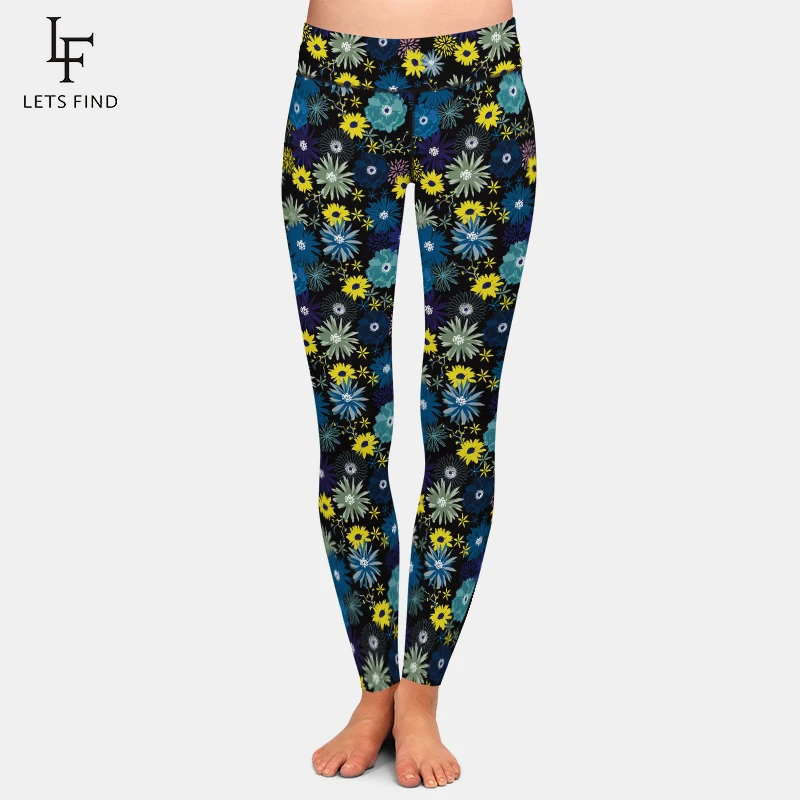 LETSFIND High Waist Women Leggings Fashion 3D Flowers Digital Printing Elastic High Waist   Ankle-Length Leggings