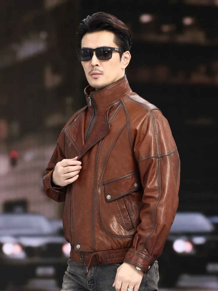 High Quality Mens Cowhide Genuine Leather Jacket Vintage Designer Moto Biker Riding Windproof Coat Business Casual Work Jackets