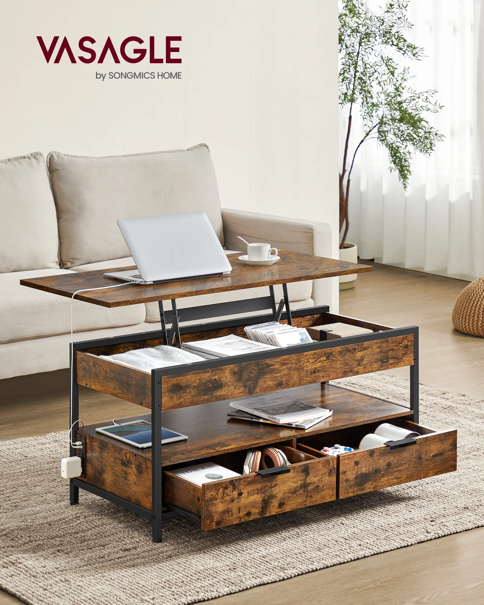 VASAGLE Lift Top Coffee Table with Storage Drawers and Charging Station, Coffee Table for Living Room with Lifting Top