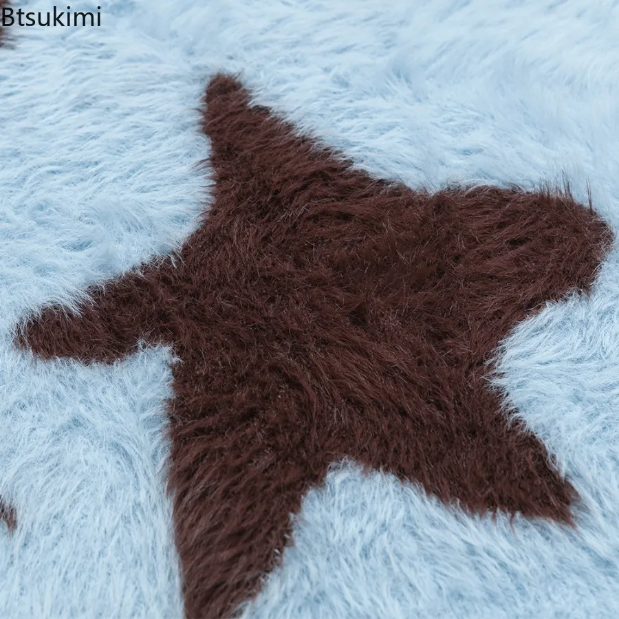 بلوفر رجالي على شكل نجمة لعام 2025 سترات محبوكة فضفاضة للخريف والشتاء للزوجين برقبة دائرية وأكمام طويلة سترات غير رسمية