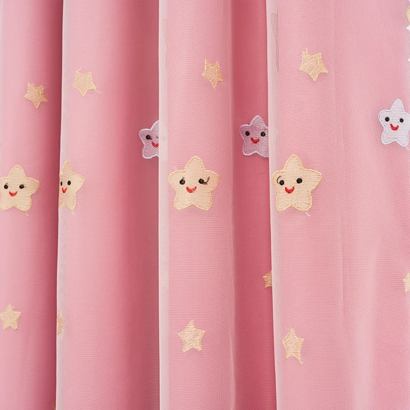 ผ้าม่านสองชั้นสีชมพูน่ารัก 1 ชิ้น พร้อมลายปักดาว ตกแต่งหน้าต่างสไตล์โมเดิร์นสำหรับห้องนั่งเล่นและห้องนอน