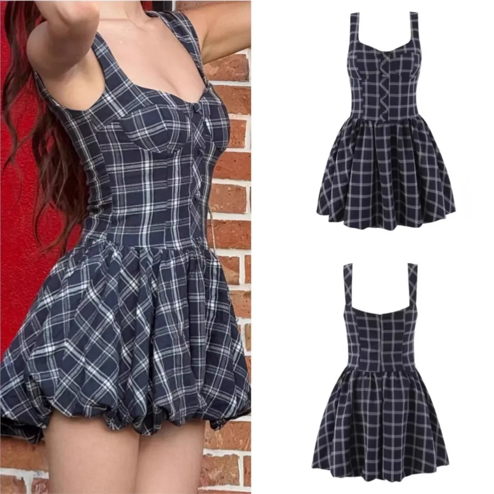 

Summer Retro Dresses For Woman Party Wedding Spaghetti Strap A-line Dress Vestidos Casual French Sweet Lattice Sleeveless Slim