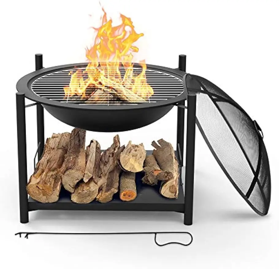 

Portable Outdoor Wood Fire Pit - 2-in-1 Steel BBQ Grill 26" Wood Burning Fire Pit Bowl w/ Mesh Spark Screen, Cover Log Grate