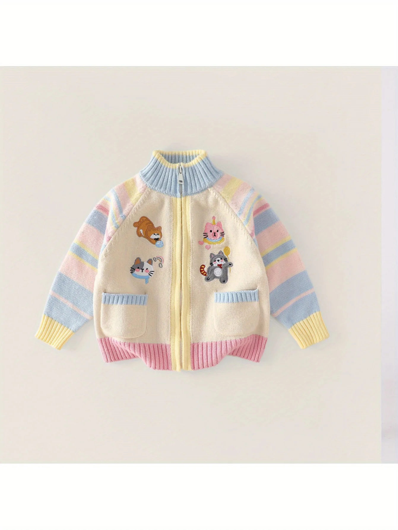 Children's Knitted Cardigan Zipper Jacket Cartoon Style Embroidered Jacket Girls Spring and Autumn New Sweater Spring Versatile