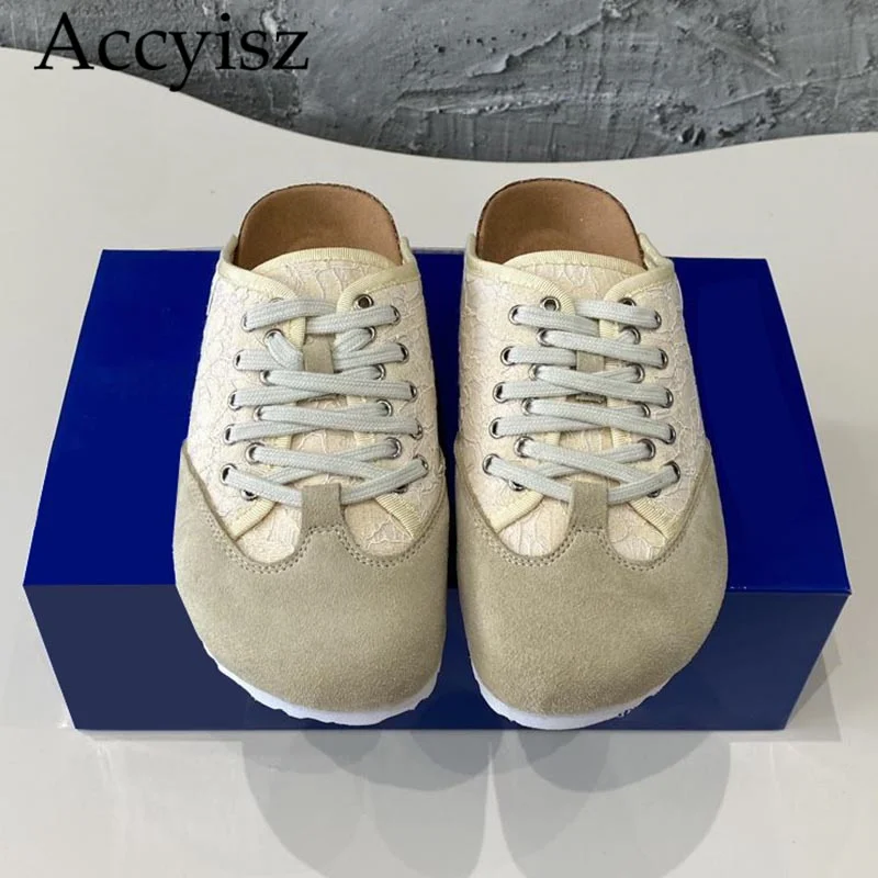 

2024 New Baotou Half Slippers Women's Lace Up Outwear Lazy Man Kicks Thick Sole Boken Shoes Casual Versatile Flat Shoes