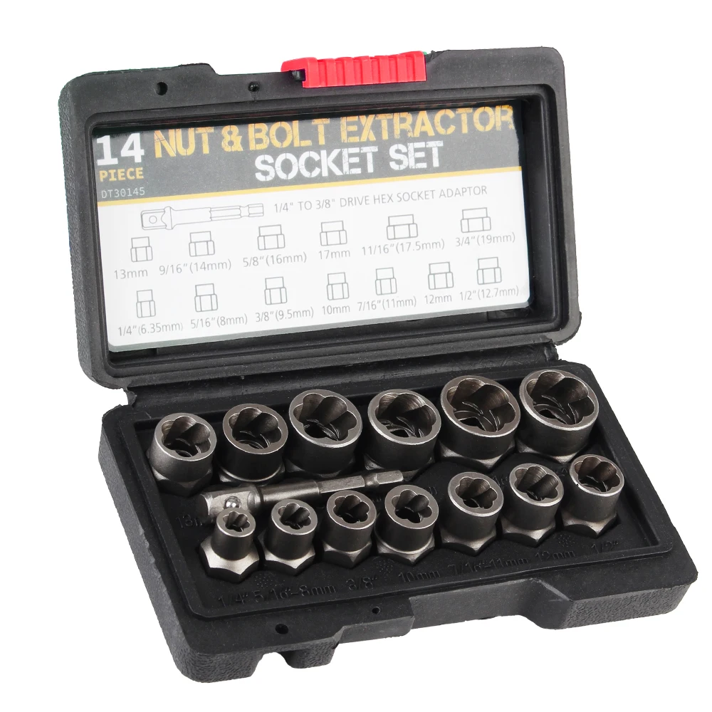 Car Hand Repair Tools Cr-Mo Steel Damaged Screw Extractor 14pcs Bolt Nut Remover Socket Set Auto Tool Kit 6.35mm-19mm