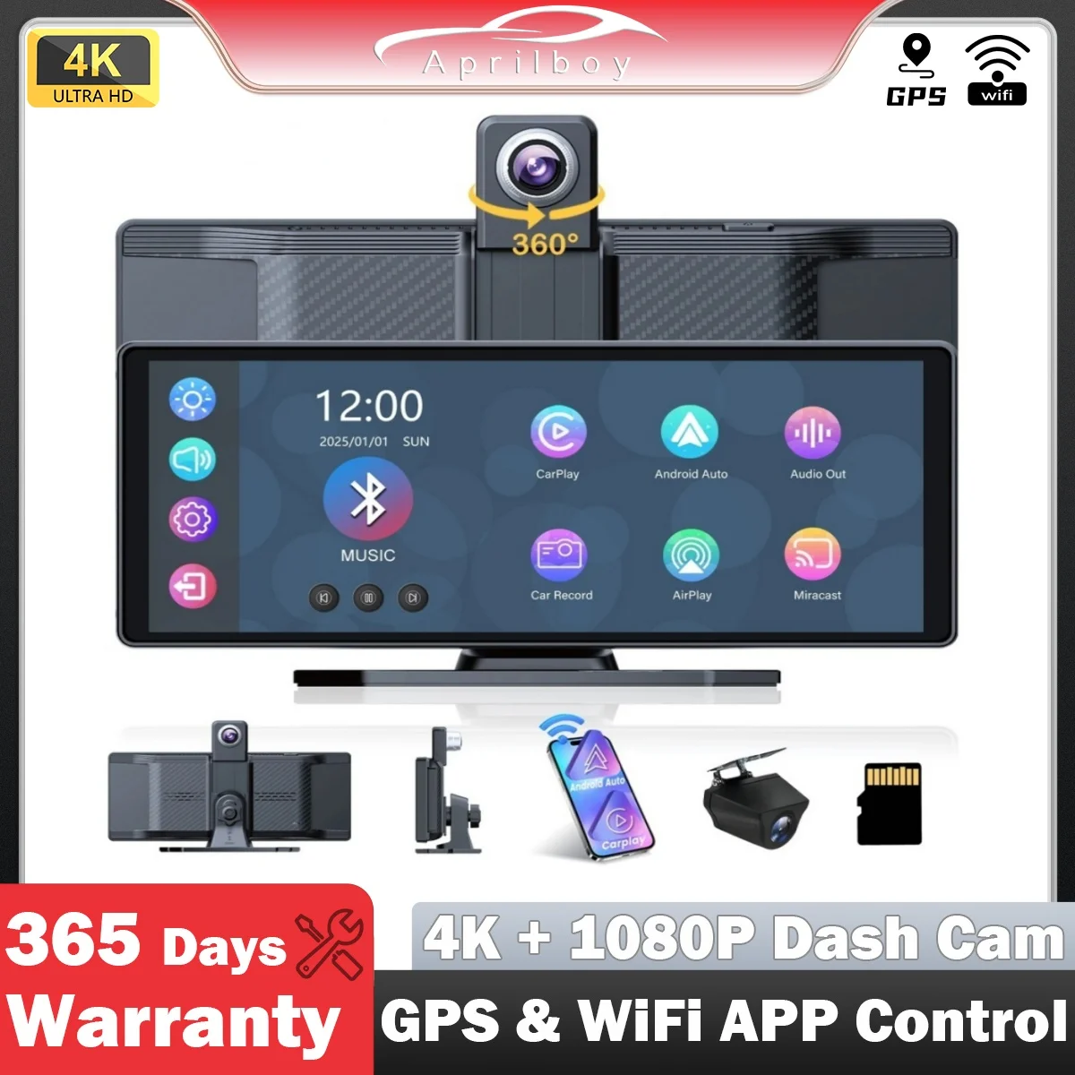 Ecran-intelligent-de-voiture-aprilboy-c4-avec-dashcam-4k-360-°-camera-de-tableau-de-bord-rotative-sans-fil-carplay-et-android-auto-aux-fm-bluetooth-wifi
