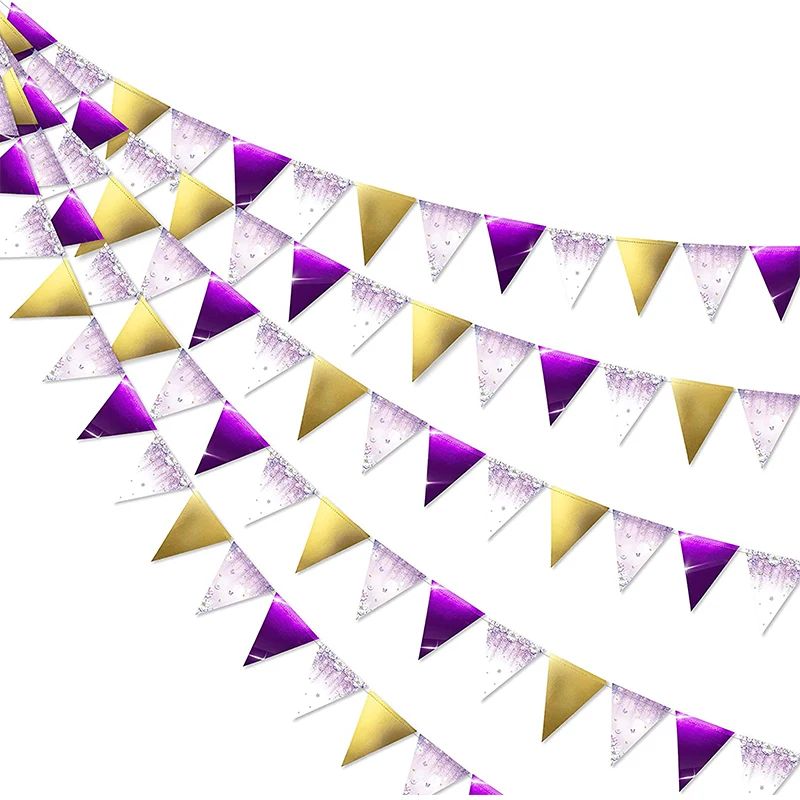 Gold Purple White Lavender Butterfly Party Banner Flag Tea Paper Decoartion for Birthday Garland Banner Backdrop Streamer Decor