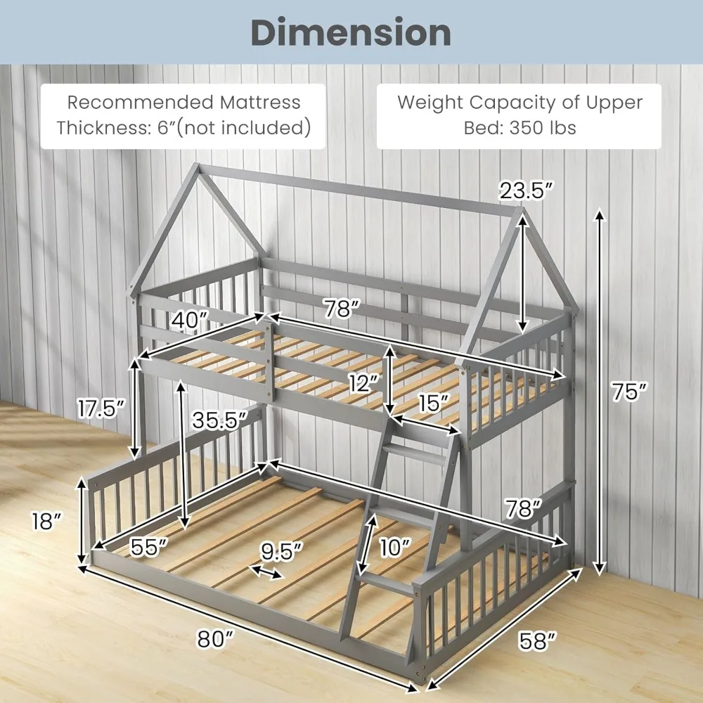 Full House Bunk Bed with Built in Ladder, Solid Pine Wood Bunk Bed Frame with Safety Guardrails, House Bunk Bed Frame for Kids