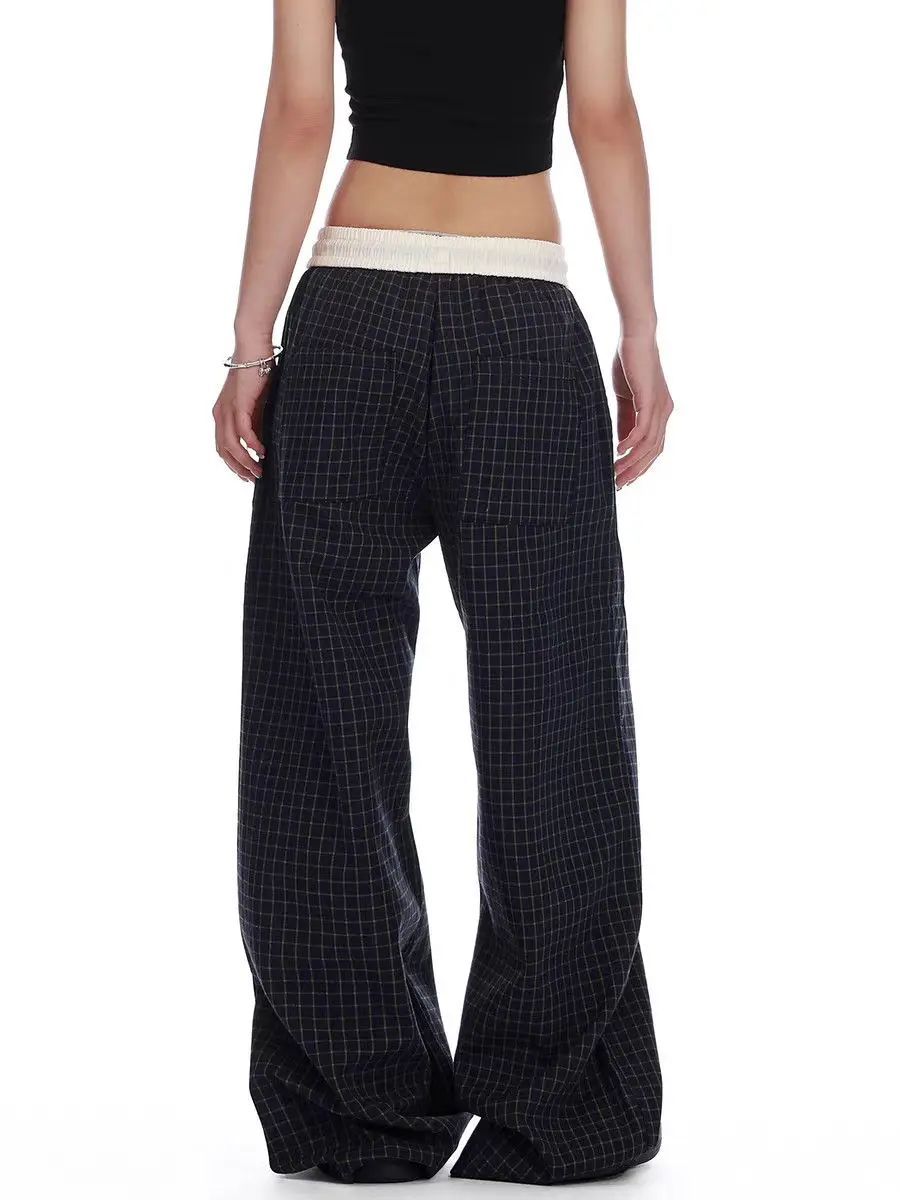 Women's Retro Checkered Pattern Hip-hop Wide Legs Pants Summer Casual Bottoms Unisex Sweatpants Female Color Blocking Trousers