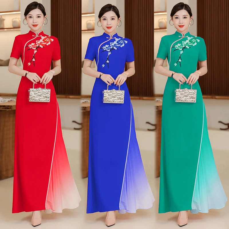 

Ao Dai Embroidery Qipao Dress New Dance Clothes Mom Costume Stage Performance Improved Cheongsam for Women Clothes