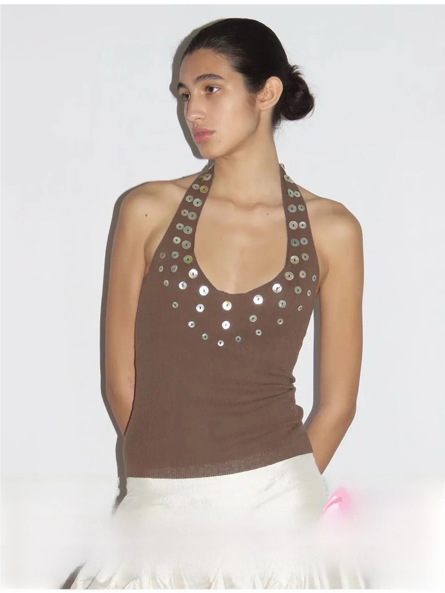 

Paloma Wool Irregular Mother-of-Pearl Sequin Decorative Ribbed Knitted Hanging Ne Vest Top Women's Faion Summer Regular Fit