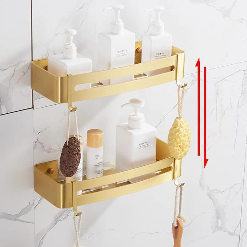 Brushed Gold Bathroom Shelf with Hooks Aluminum Rectangle Kitchen Bathroom Shower Gel Soap Shampoo Storage Organizer Rack Holder