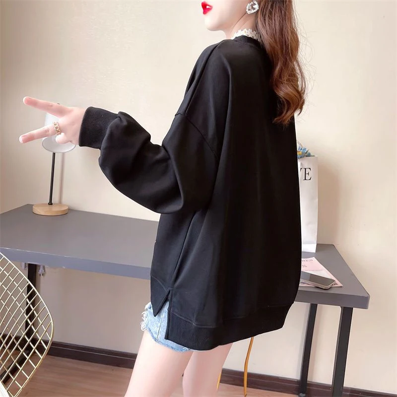 Vintage Embroidery Oversized Streetwear Female Sweatshirt Autumn Casual Black White Long Sleeve Pullover Loose Cotton Tops Women