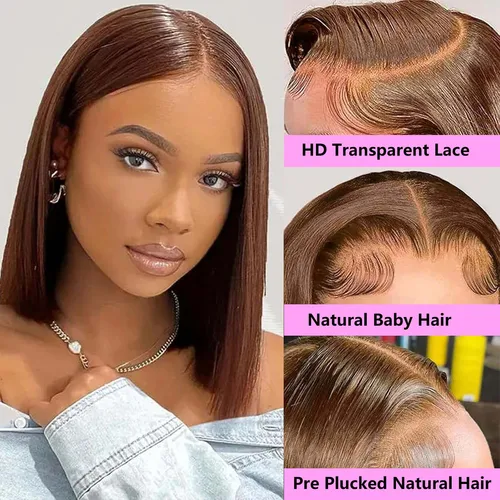 Imagen 2 del producto Pelucas Bob delanteras de encaje HD marrón Chocolate de 250% de densidad pelucas rectas de cabello humano 13x4 pelucas Bob corto de cabello humano para mujeres negras