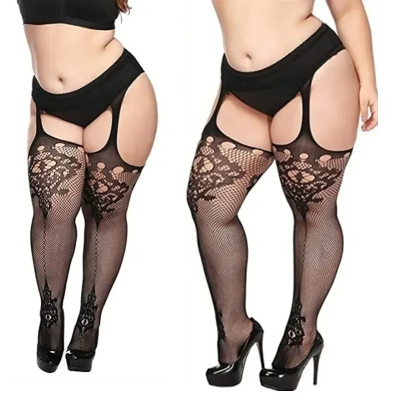 Lớn Cộng Lớn Kích Thước Mỡ Nữ Oversize Fishnet Đen Cổ Mở Crotchless Body Thun Quần Kỳ Lạ Gợi Cảm Quần Âu