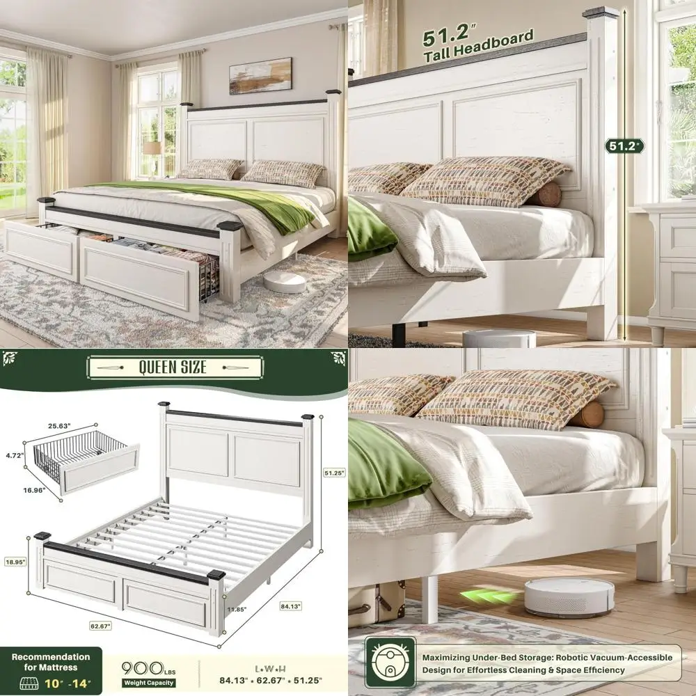

Queen Bed Frame with Storage Drawers and 51.25" H Headboard, Modern Queen Size Bed Frame with Storage,NO Noise,No Box Spring Nee