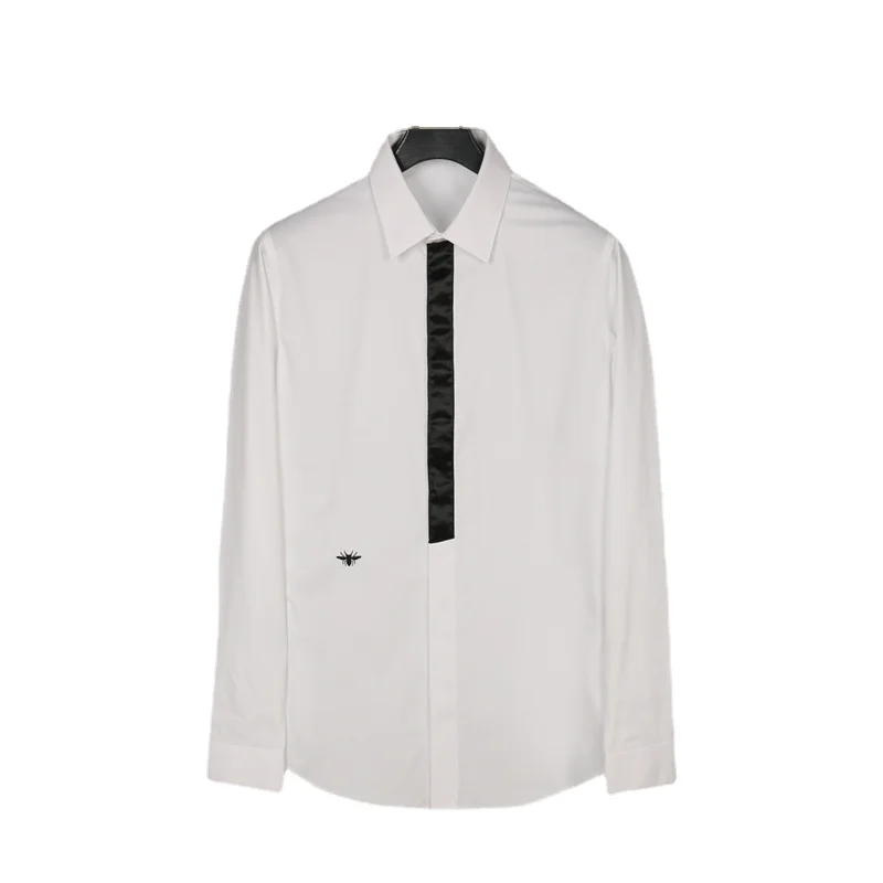 

Autumn and winter new style men's embroidered shirt fashion slim door tube color collision splicing ribbon tide white shirt