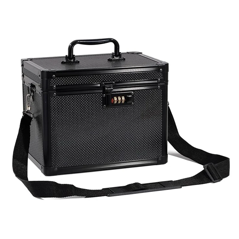 

Cosmetic Organizer with Shoulder Strap Medicine Lockbox Aluminum Alloy Storage Box Professional Manicurist Case 10x7.25x7.75"