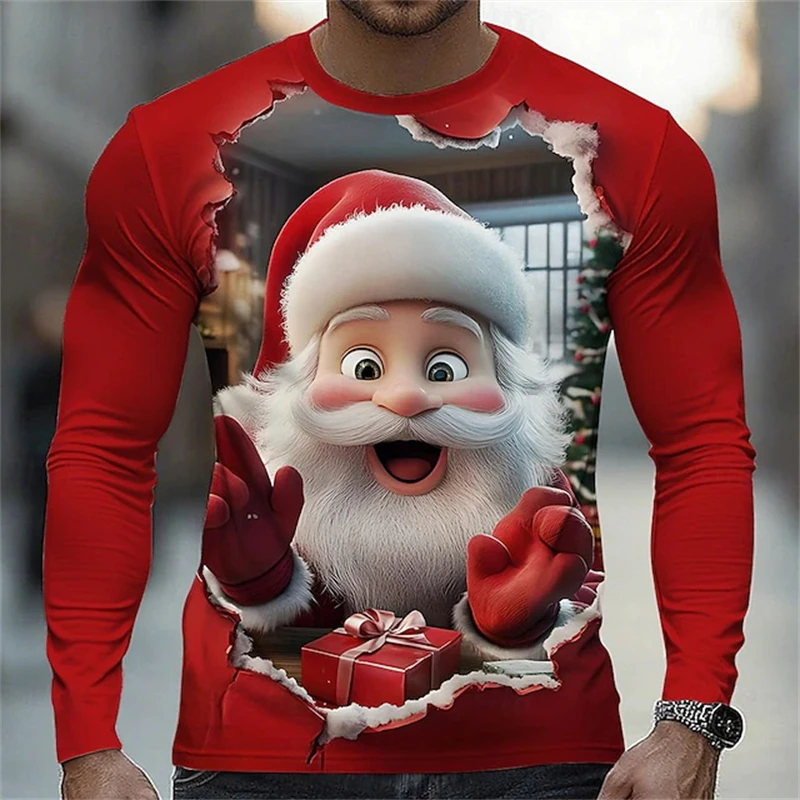 

Футболка с Рождеством и забавным Санта-Клаусом, футболка с 3D принтом для мужчин и женщин, модная повседневная футболка с длинными рукавами, детские топы, футболки, одежда