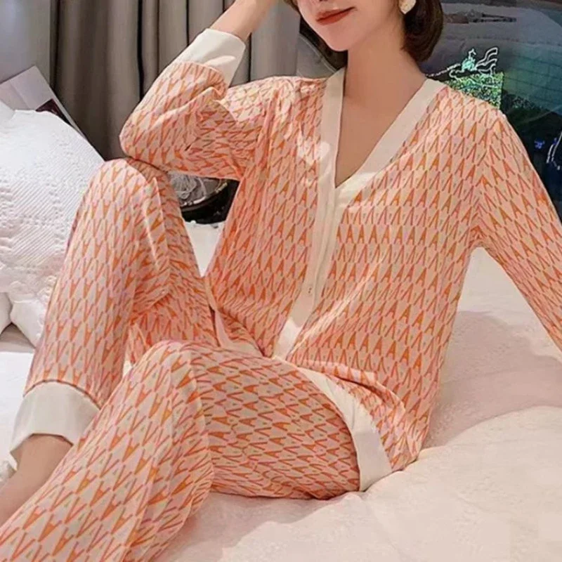 New Women\'s Ice Silk Pajamas Homewear Long Sleeve Two-piece set Spring Summer Loose and Comfortable Pajamas Suit Femme Satin