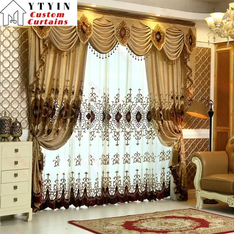 

Customized European Valance Curtains for Living Dining Room Bedroom Golden Embroidered High-precision Blackout Curtains Decor