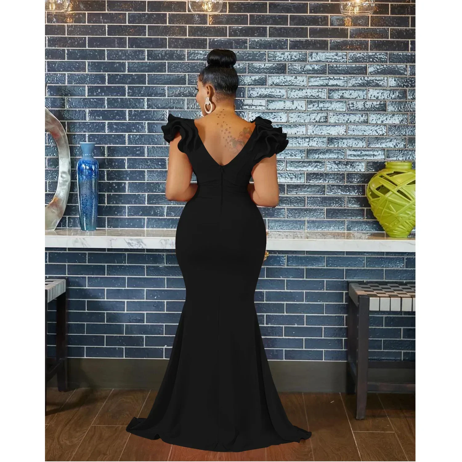 Autumn Fashion Sexy Party Dress Women Elegant Deep V-Neck Petal Sleeve Slim Fishtail Floor Length Evening Dress Women