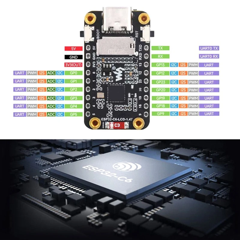 Плата разработки DN-ESP32-C6 с ST7789 1,47-дюймовым ЖК-дисплеем Wi-Fi6 LVGL HMI SD-порт и RGB-LED