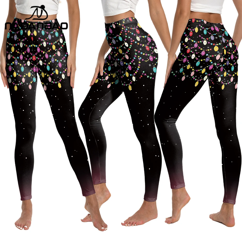 Nadanbao النساء عيد الميلاد أضواء الطباعة الملونة طماق أسود منتصف الخصر بسط السراويل عارضة عطلة حزب السراويل الشارع الشهير