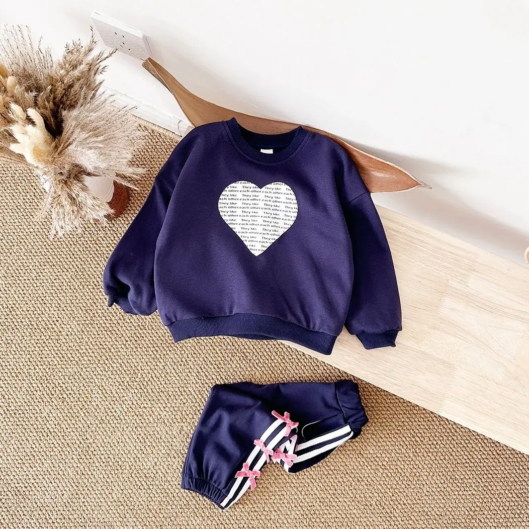 2PCS Baby Girls Outfit Set Love Print Pullover Sweet Sweater Top+Bow Sports Pants Suit Letter Outfit  Newborn Clothes 0-4Y