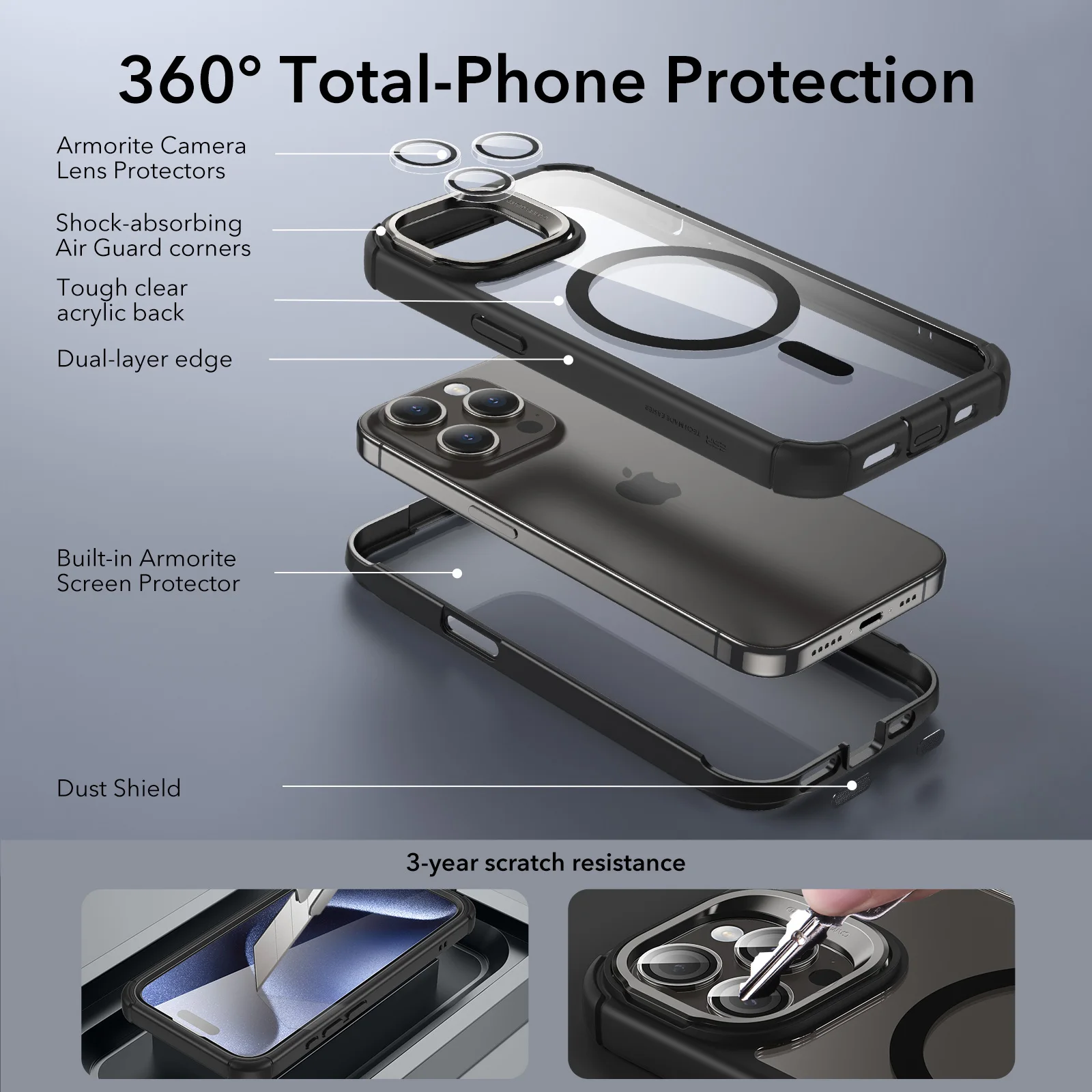 ESR for iPhone 15 14 Pro Max Armor Case with Stash Stand for iPhone 13 Pro Full Body Shockproof Military-Grade Drop MagSafe Case