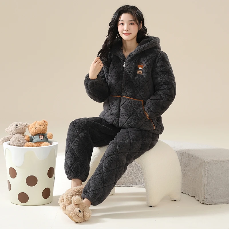 

Winter Women Pajamas Set 3 Layer Clip Cotton Pijama Female Thick Warm Hooded Sleepwear