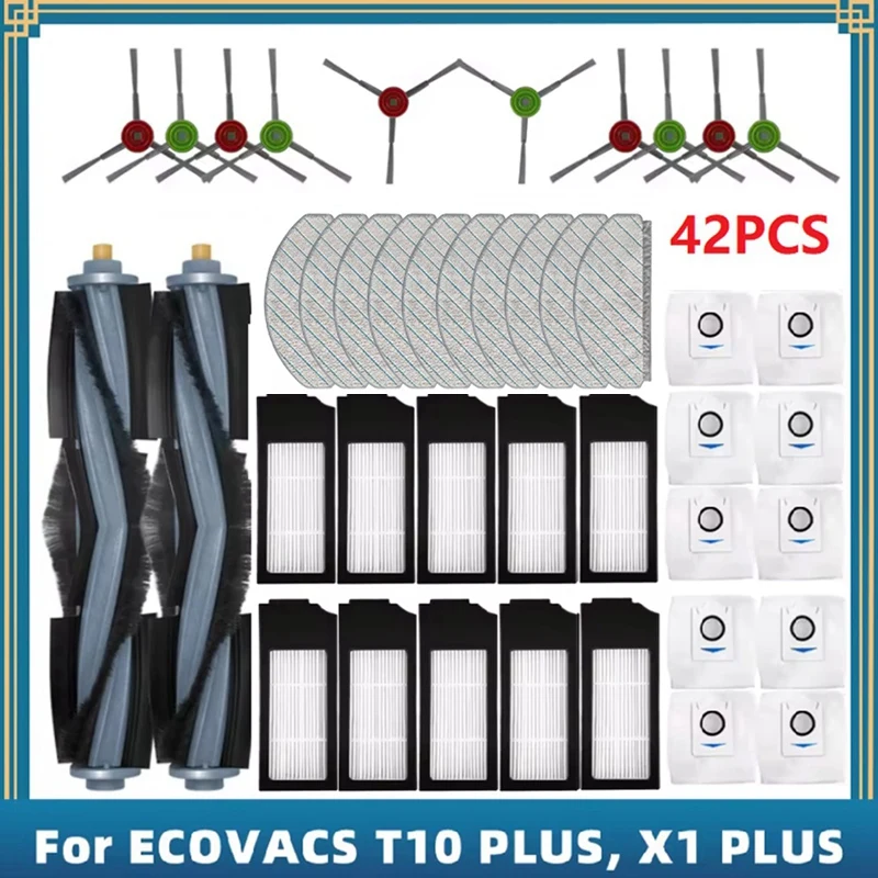 42PCS  For ECOVACS T10 PLUS / X1 PLUS Robot  Vacuum Replacement Spare Parts  Main Side Brush Hepa Filter Mop Cloth Dust Bag B