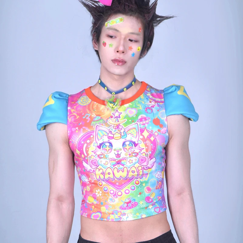 ญี่ปุ่นใหม่พิมพ์สัตว์ที่มีสีสันผู้หญิงเสื้อยืดOriginal Design 2025 ฤดูร้อนหลวมSlimming Fluffy Splicingกางเกงขาสั้นสุภาพสตรี