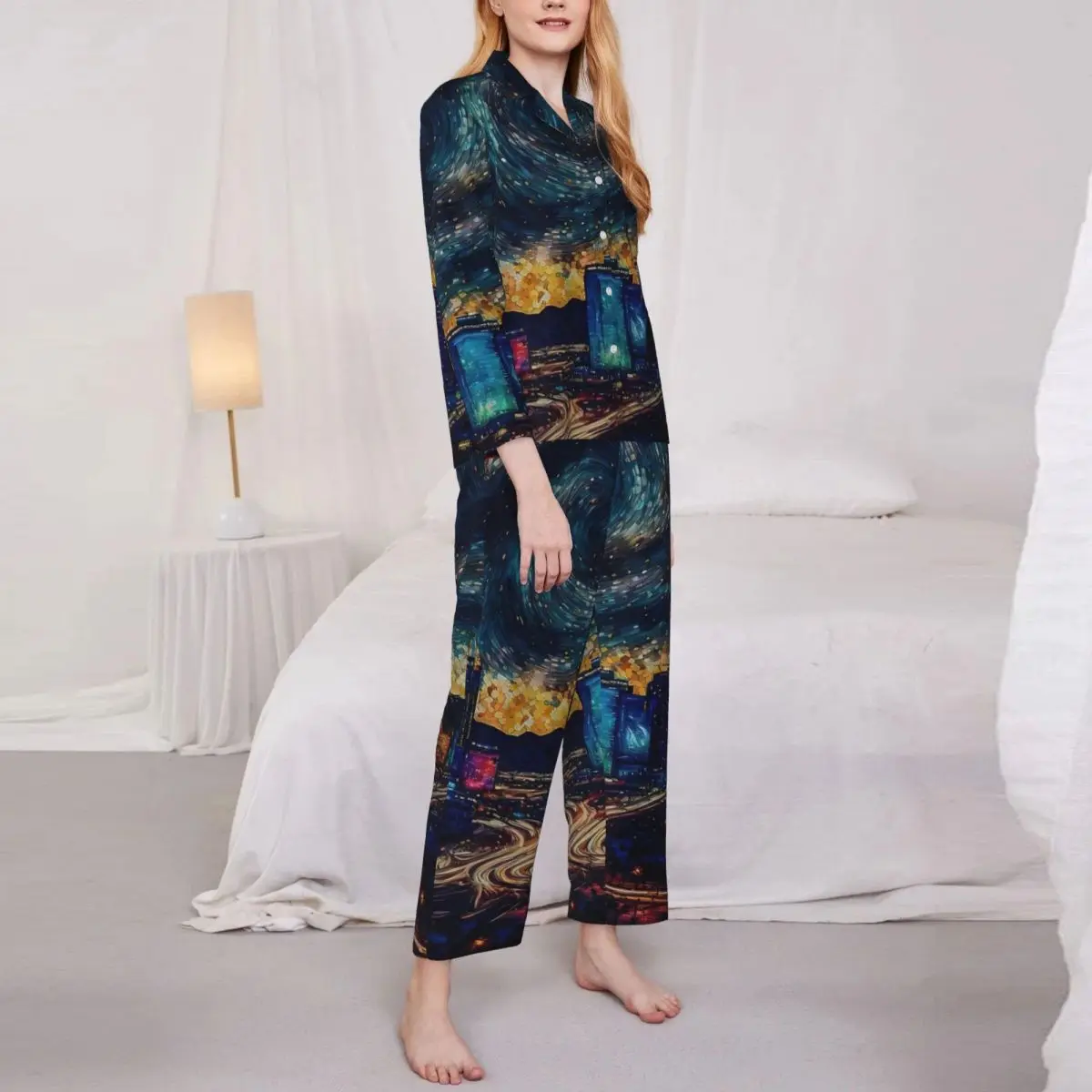 Las Vegas Starry Night Pajamas Set Romantic Sleepwear Woman Long-Sleeve Casual Home 2 Pieces Nightwear Large Size