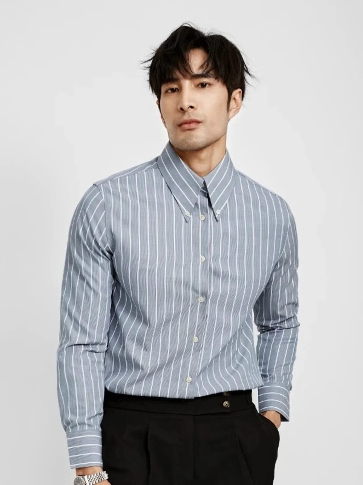 

Casual Men's Long Sve irt Italian Sle arp Collar Stripe High-End Feelings No Iron Busin Formal Leisure Ele