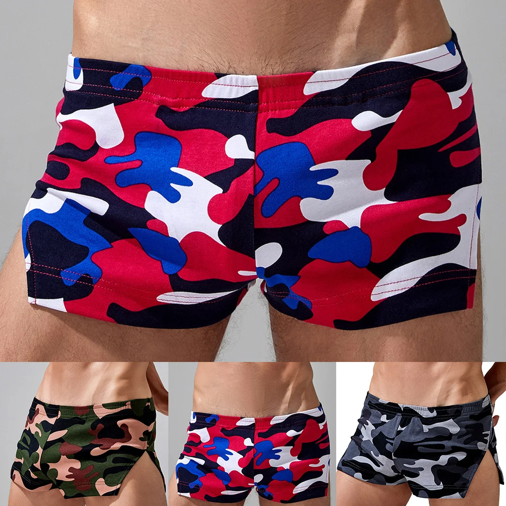 

Men Sexy Shorts Camouflage Home Arrow Pants Side Open Forked Underwear Boxer Brief Panties Breathable Calzoncillos Hombre