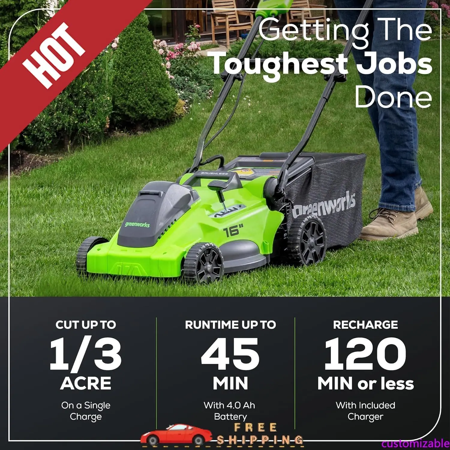 

Customizable 40V 16" Brushless Cordless (Push) Lawn Mower (75+ Compatible Tools), 4.0Ah Battery and Charger Included