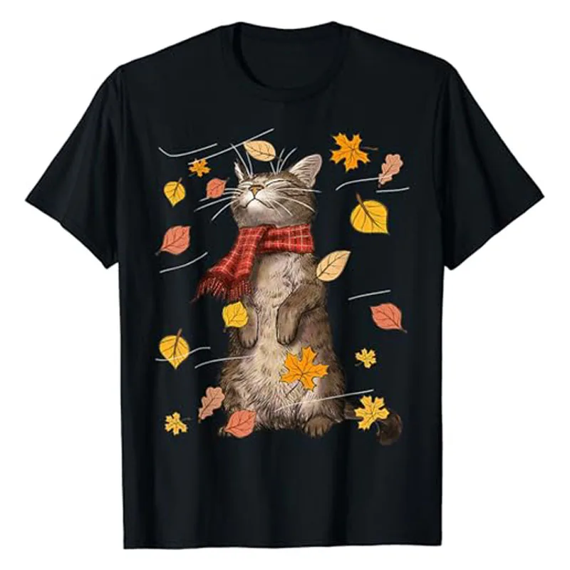 

Cute Autumn Cat Fall Breeze Kitten Kitty Cat Lover T-Shirt Happy Fall Y'all Lovely Thanksgiving Tee Tops Short Sleeve Blouses