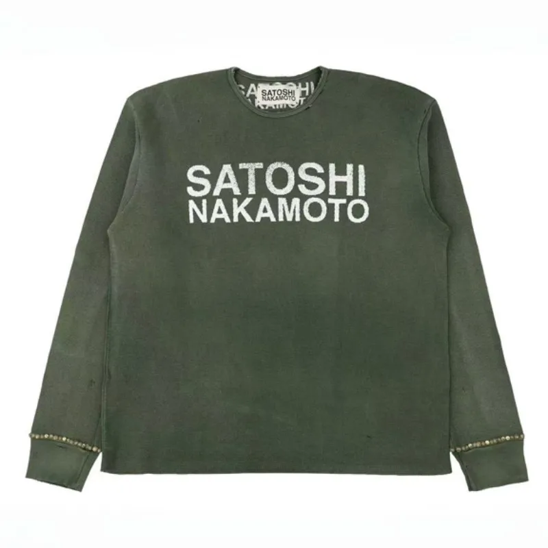 27ss  Vintage Washed Dark Green Thermal Long Sleeve Nail Bead Satoshi Sweatshirts Men Women Loose Waffle Tshirts Street Outfit