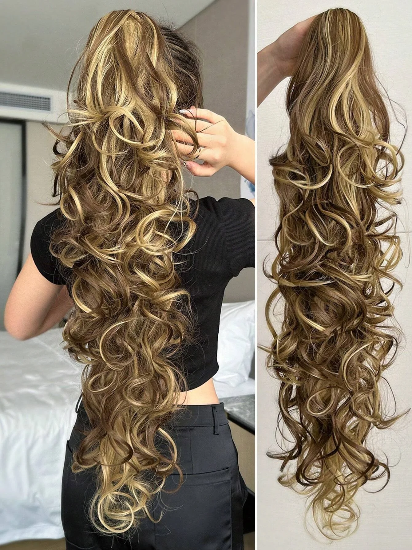 32 Inch Long Body Wave Ponytail hair Extension Synthetic Heat Resistant Claw Curly Wavy Ponytail Hairpieces for Women blonde wit