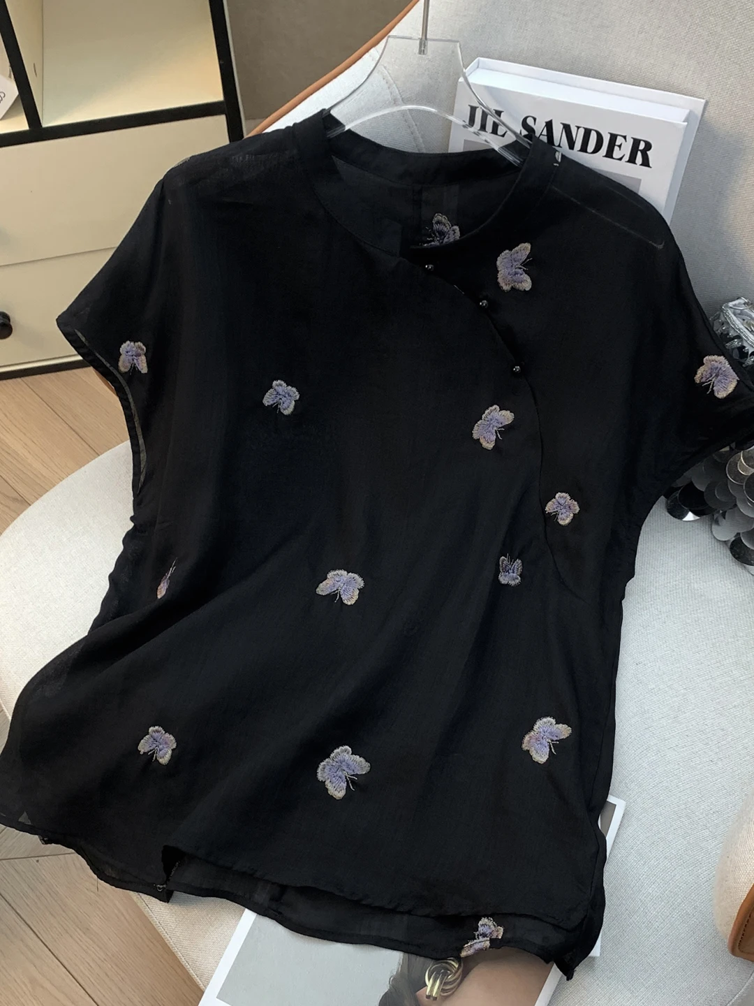 

Ретро-рубашка в китайском стиле с вышивкой, тонкая, большого размера, женская повседневная блузка с боковыми пуговицами, воротником-стойкой и коротким рукавом