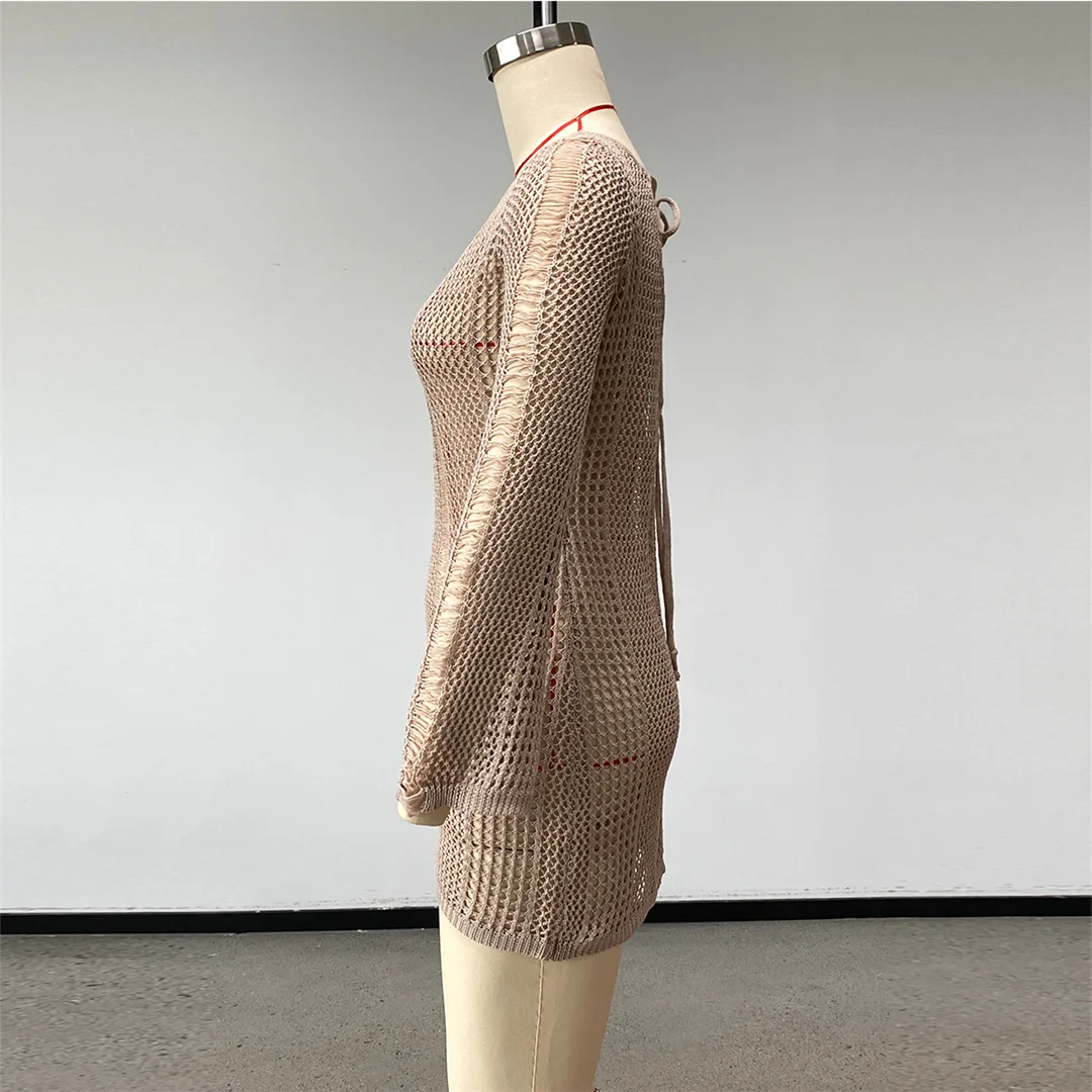 2026 Langarm-Schulterfreies Häkel-Strick-Tunika Strand-Überwurf Strandkleid Strandmode Damen V8330 – Detail 15